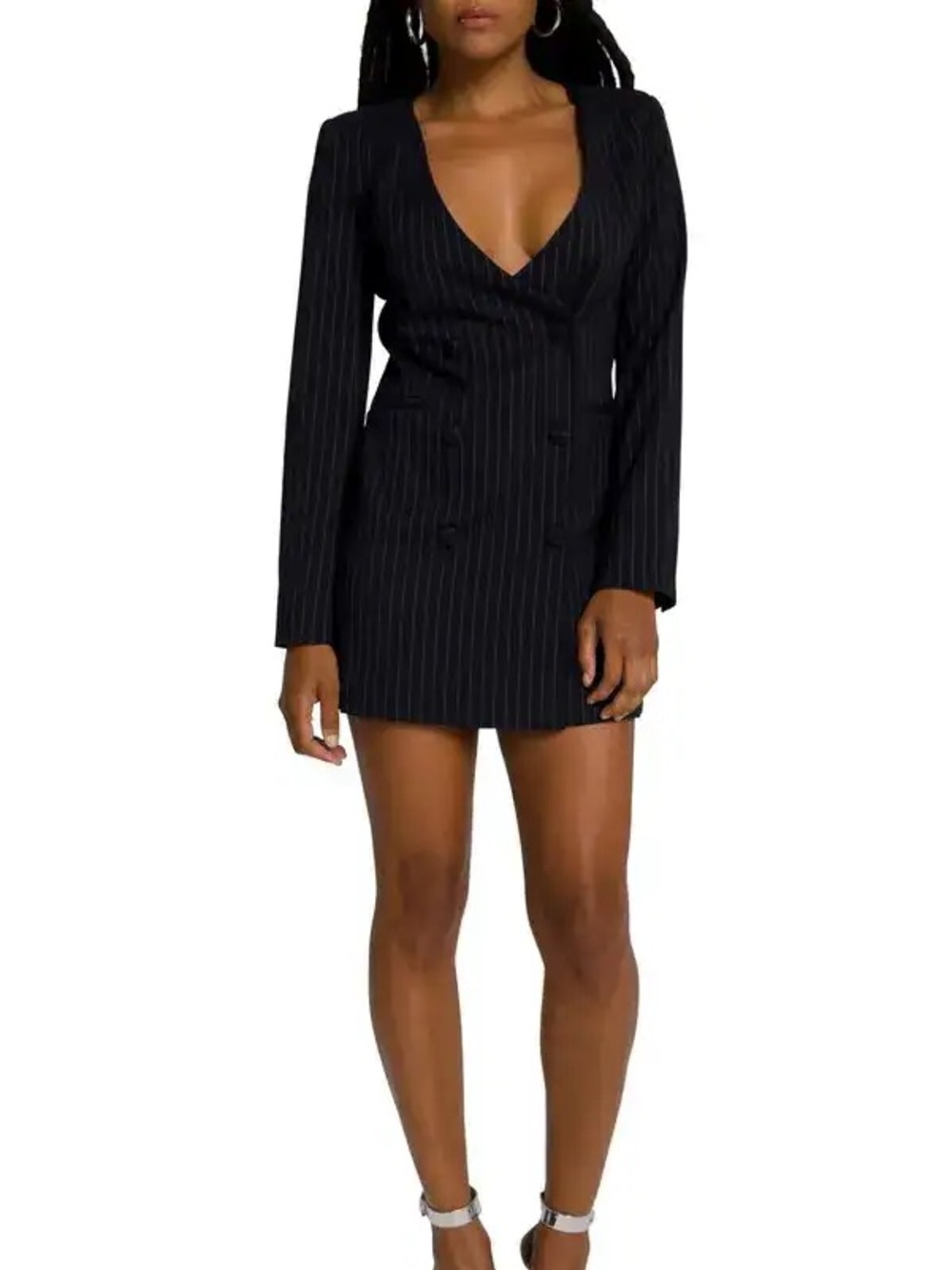 Good American Black Pinstripe Double Breasted Blazer Mini Dress
